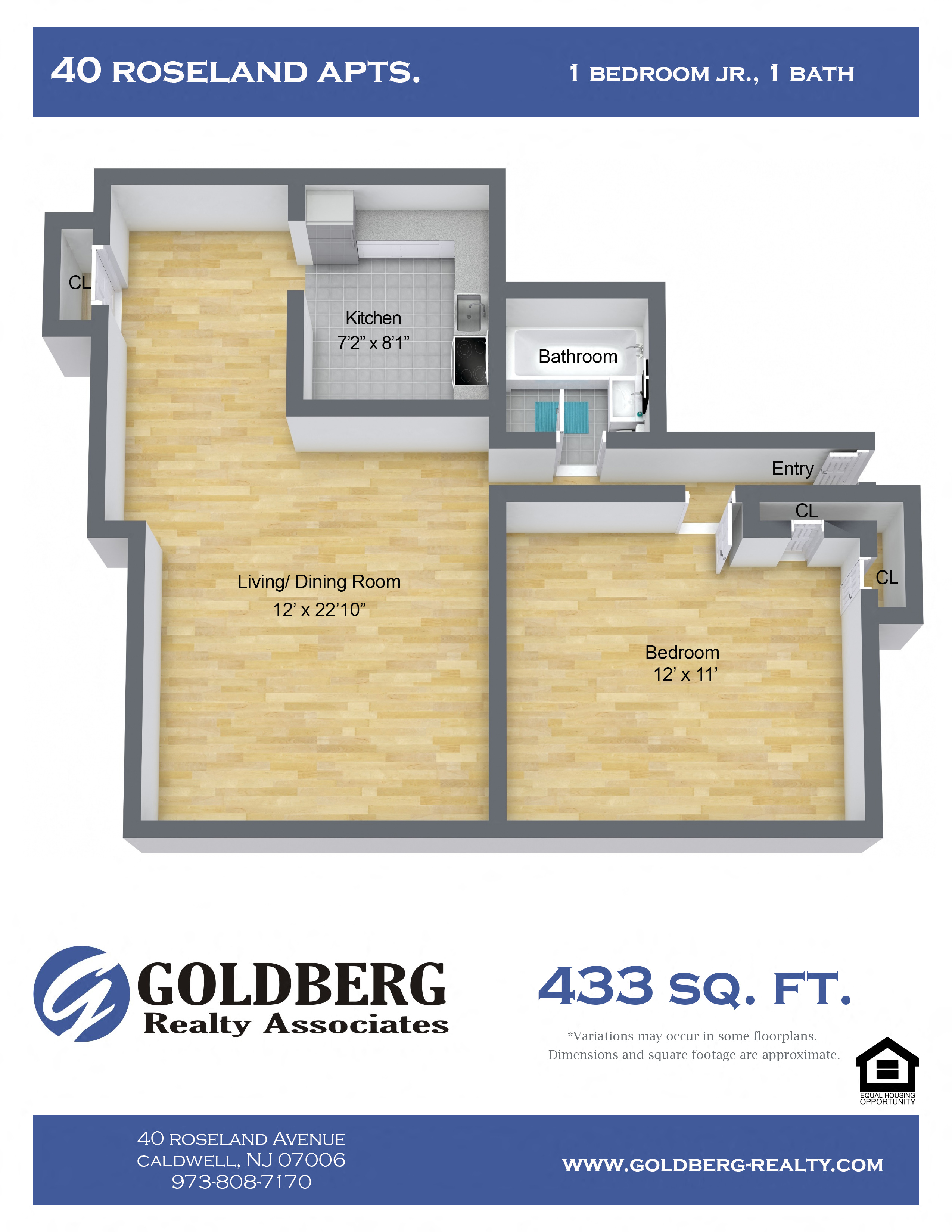 Floor plan for 1 bed, 1 bath, 433 sqft
